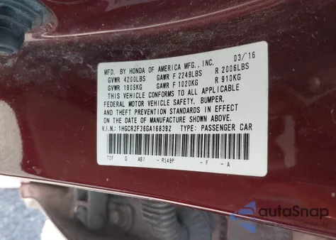 2016 Honda Accord Lx z USA, uszkodzony, nr VIN 1HGCR2F36GA168392